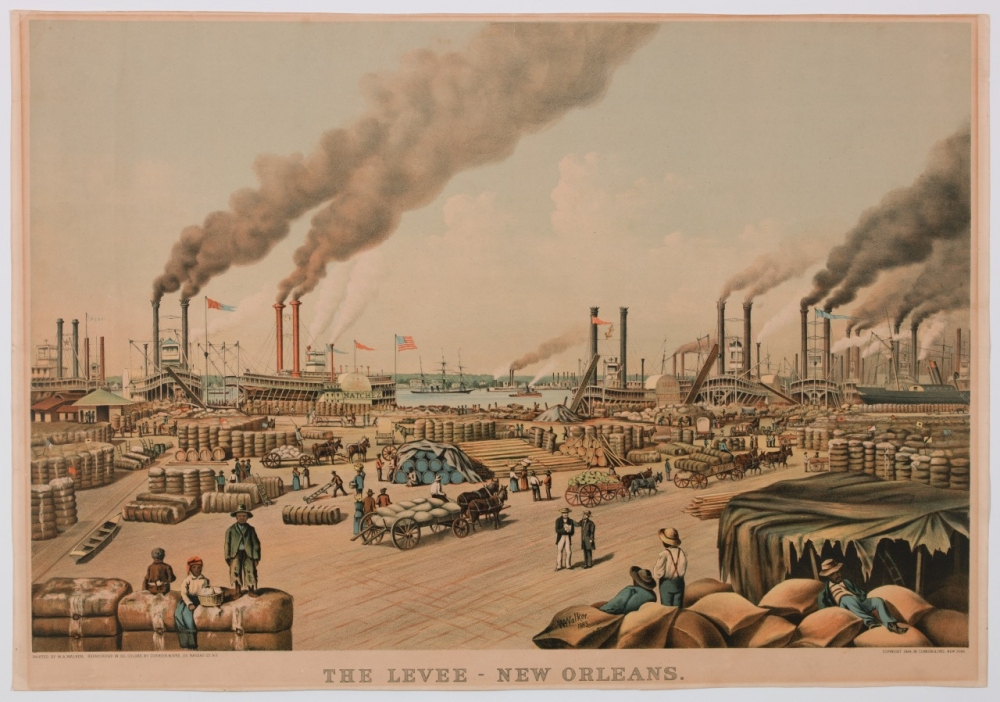 A bustling port scene with steamboats along the New Orleans levee. People are working among stacks of goods and bales, with smoke rising from the boats. American flags are visible, and the sky is partly cloudy.