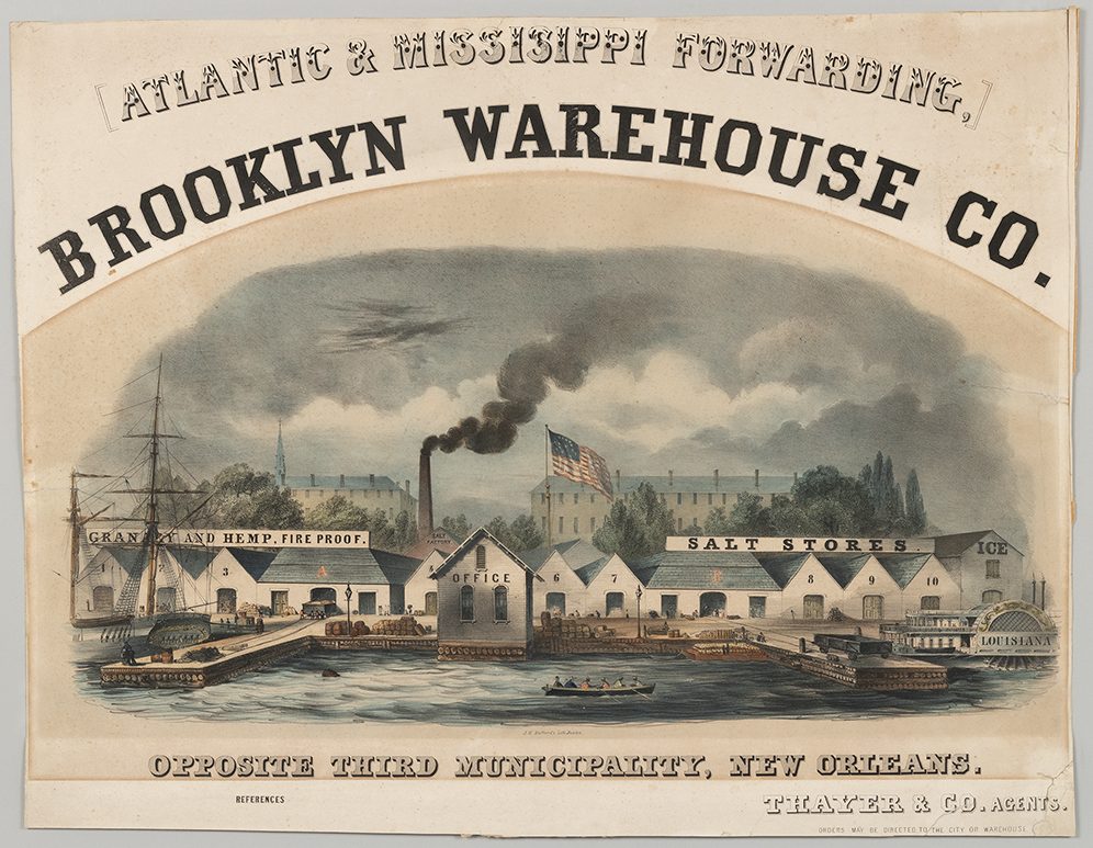 An advertisement for the Brooklyn Warehouse Company shows an 1850s riverfront view of Algiers from New Orleans and an ice house on the far right.