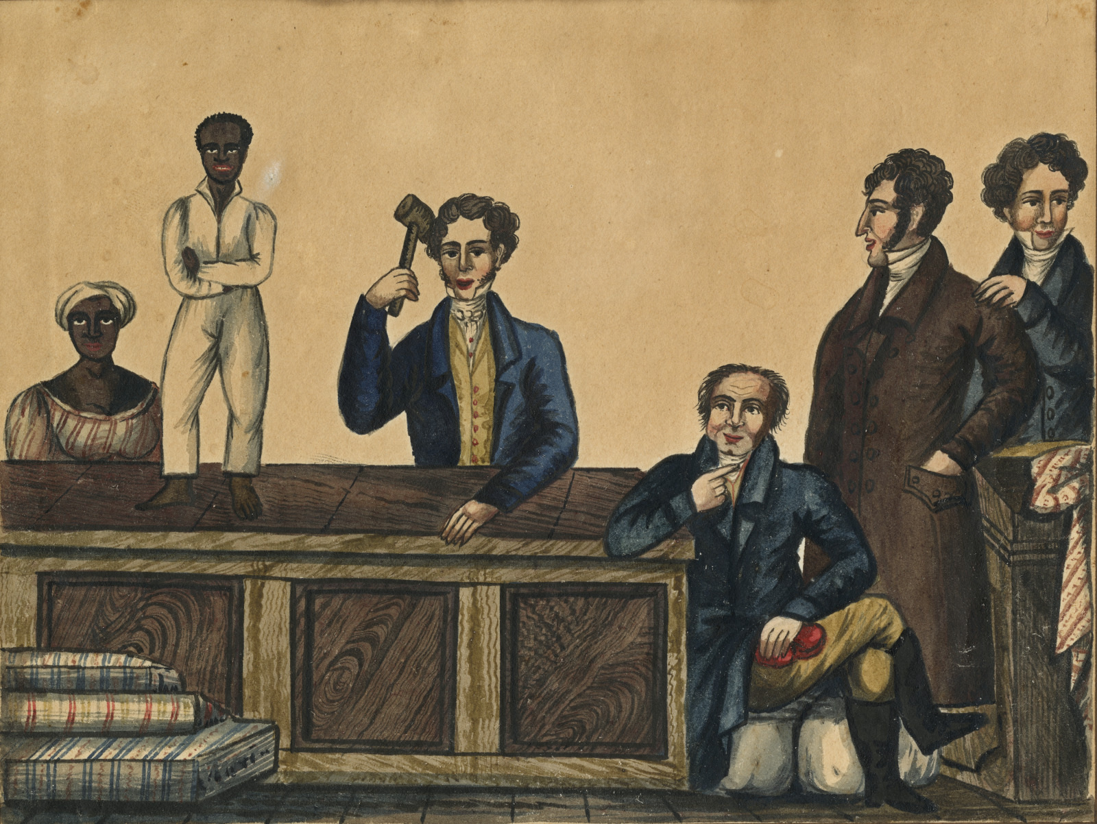 A historical illustration depicting an auction scene with an auctioneer holding a gavel and several men in 19th-century clothing. A Black man and a Black woman stand on the auction block. Various fabrics are visible in the foreground.