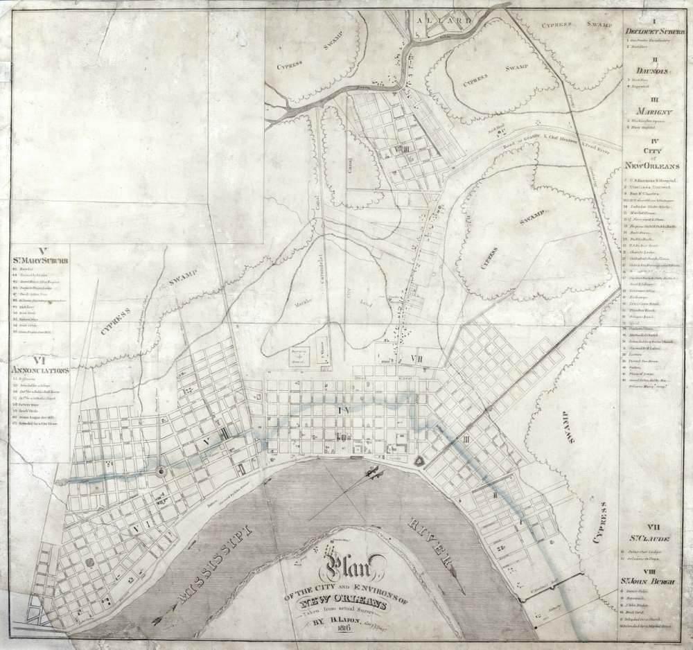 A vintage map titled Plan of the City and Suburbs of New Orleans from 1815, showing streets, plots, and surrounding areas. The Mississippi River curves along the bottom edge, with detailed labels and geographic features throughout.