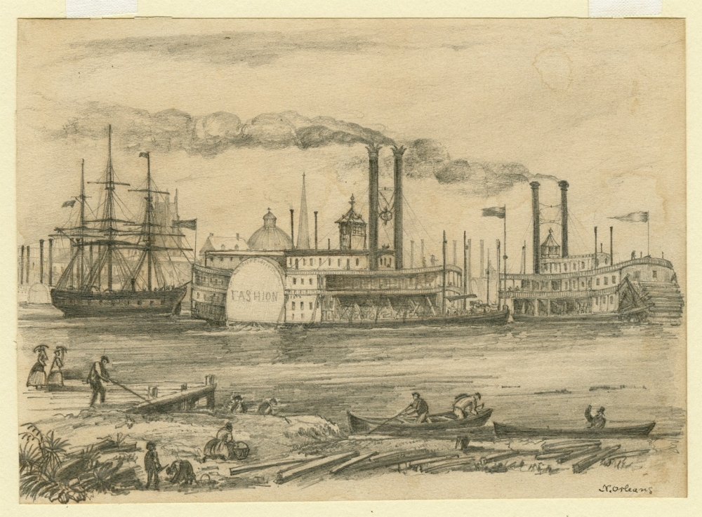 A vintage illustration of a riverside scene featuring several steamboats, including one named Fashion, and a sailing ship. People are seen working on the shore and rowing small boats on the water. The background shows a bustling port.