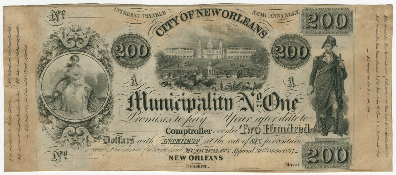 A vintage $200 banknote from the City of New Orleans, featuring intricate engravings. The left side shows an allegorical female figure, the center depicts a cityscape, and the right side includes a soldier in uniform. Text and numerical values are prominently displayed.