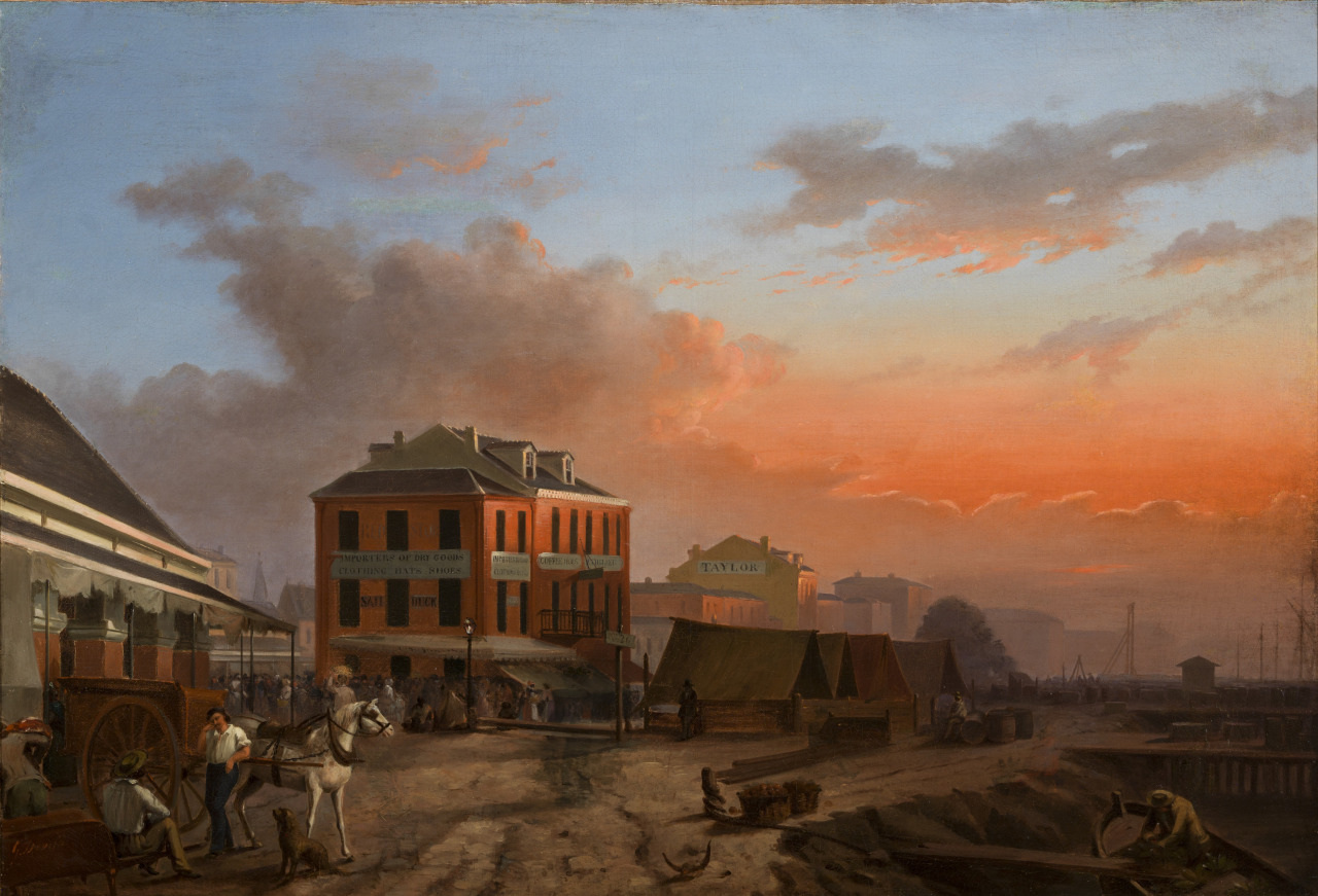 A historical painting depicts a bustling market scene at sunset. People, horses, and carriages fill the dirt streets. Buildings with signs line the background, while tents and smoke add atmosphere to the vibrant, active environment.