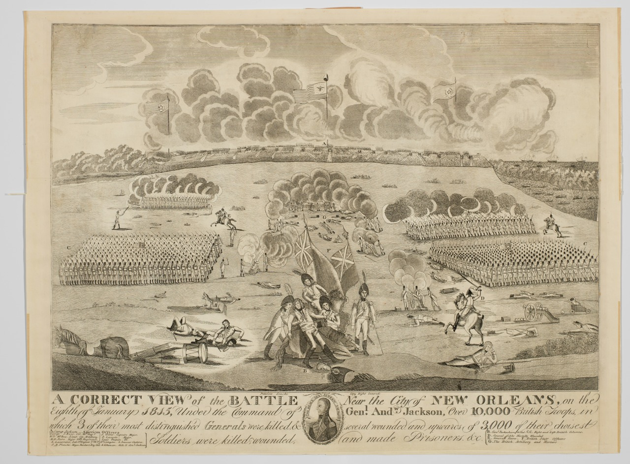 A black and white historical illustration depicts the Battle of New Orleans in 1815, with soldiers, cannons firing smoke, and chaotic combat scenes in an open field. Text at the bottom provides context about the battle and soldiers involved.