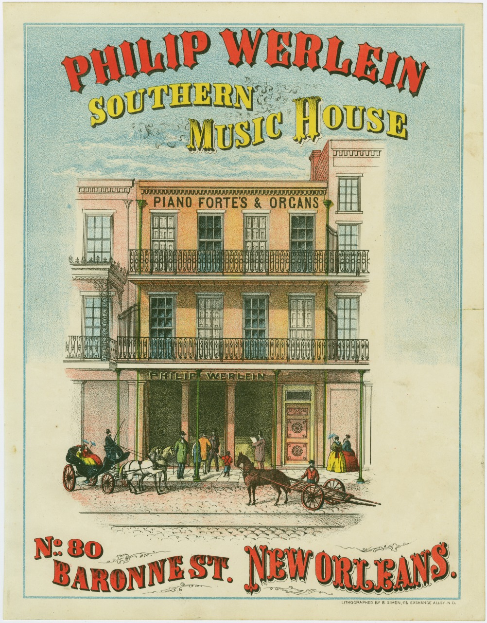 Vintage poster for Philip Werlein Southern Music House in New Orleans, featuring a three-story building with Piano Fortes & Organs written on the facade. Several people, including a horse-drawn carriage, are depicted in front of the building.
