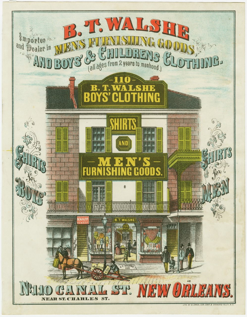 Vintage advertisement for B. T. Walshe in New Orleans, featuring mens, boys, and childrens clothing. The image includes an illustration of the storefront, a horse-drawn carriage, and vibrant text in red, yellow, and blue.