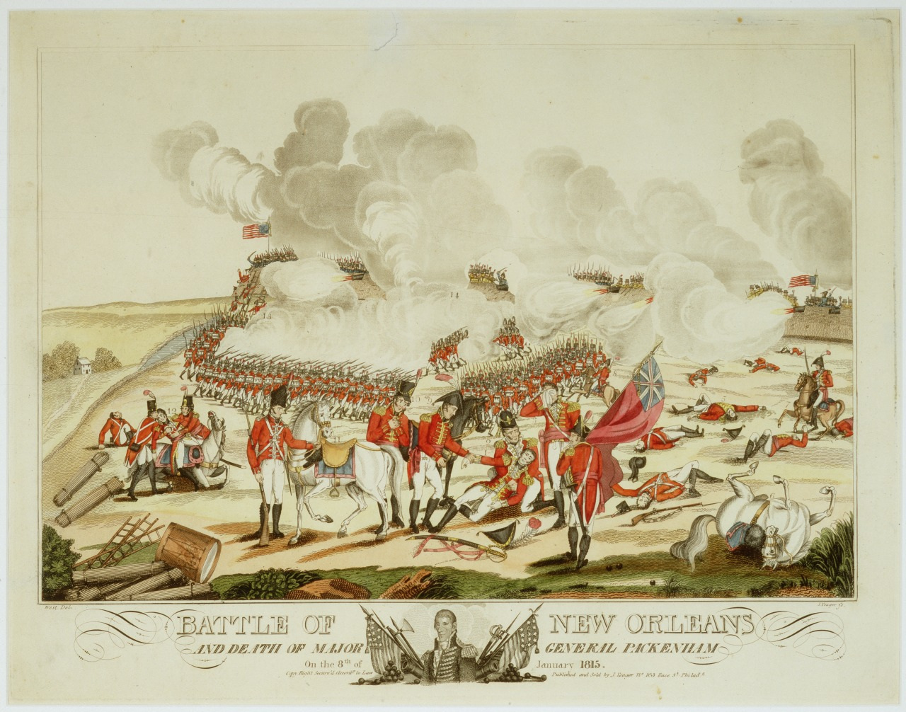 Historical illustration of the Battle of New Orleans depicting soldiers in red uniforms with flags, engaged in combat amidst smoke and chaos. The foreground shows fallen soldiers and artillery, set against a backdrop of a battlefield scene.