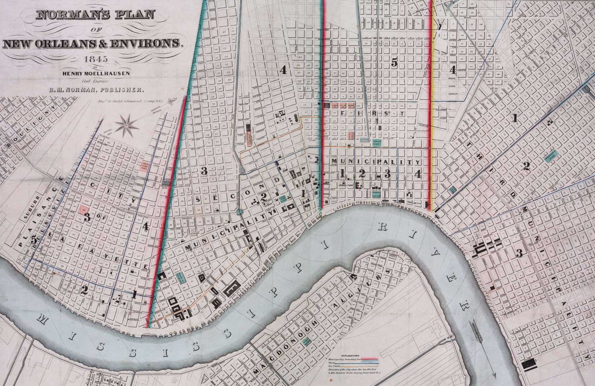 An 1845 vintage map titled Normans Plan of New Orleans & Environs, showing a detailed layout of the city streets, parks, and the Mississippi River. The map includes street names, building plots, and other geographical details.