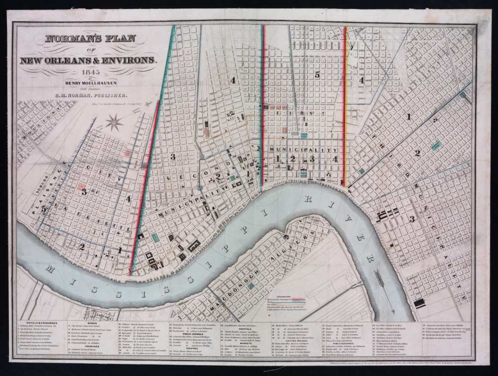 An antique map titled Normans Plan of New Orleans & Environs, 1845 showing detailed streets, grids, and the Mississippi River. Various districts are marked, with a focus on roads and urban planning of that era.