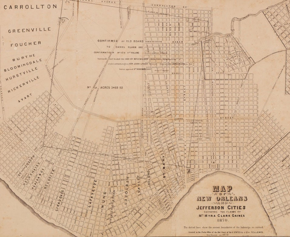 Vintage map of New Orleans and Jefferson Cities from 1876, showing streets, neighborhoods like Carrollton, Greenville, and Foucher, and land plots. Detailed and sepia-toned, with handwritten notes and labels.
