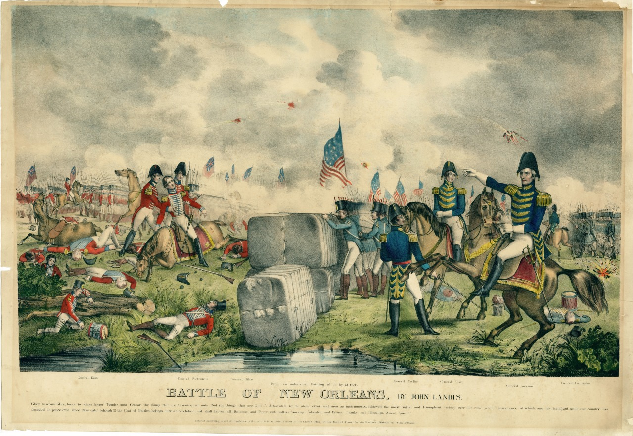 A historical battle scene depicting the Battle of New Orleans. Soldiers in military uniforms engage in combat, some on horseback, with flags flying amidst smoke. Cannons and fallen soldiers are scattered across a grassy battlefield.