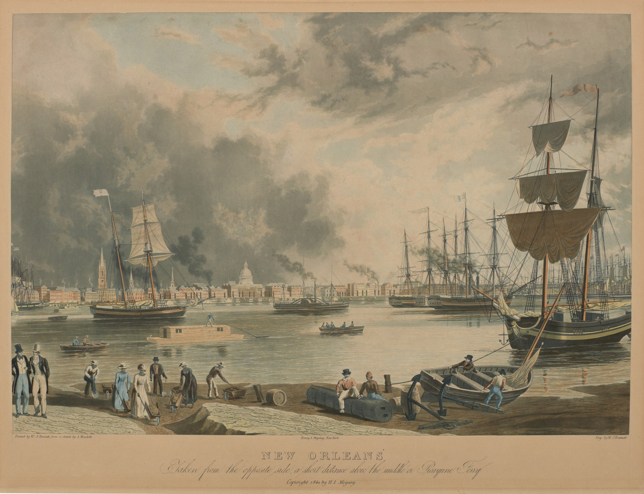 A historical painting of New Orleans depicting a bustling harbor scene with numerous ships, including sailing vessels, on the water. Smoke rises in the background, and people and barrels line the waterfront. The cityscape is visible across the river.