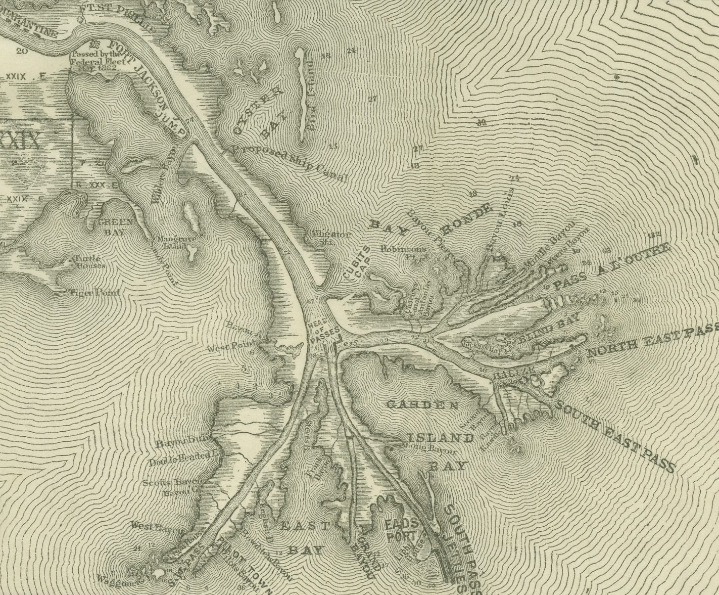 Vintage map showing details of passes and bays around a coastal region. The map includes geographical features like South West Pass, South Pass, North East Pass, and Garden Island Bay, with contour lines indicating elevation changes.