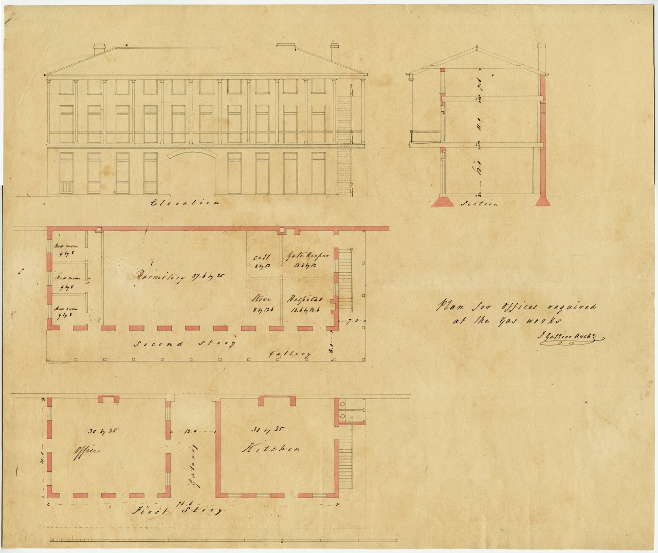Architectural blueprint showing the elevation and sections of a two-story building. Includes detailed floor plans with labeled rooms such as dining room, kitchen, and bedrooms. Handwritten notes are present on aged paper.