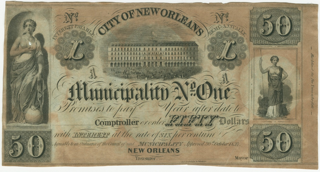 A vintage banknote depicting the Municipality No. One of New Orleans, with a central building illustration, the number 50 in each corner, an allegorical figure on the left, and decorative designs throughout the note.