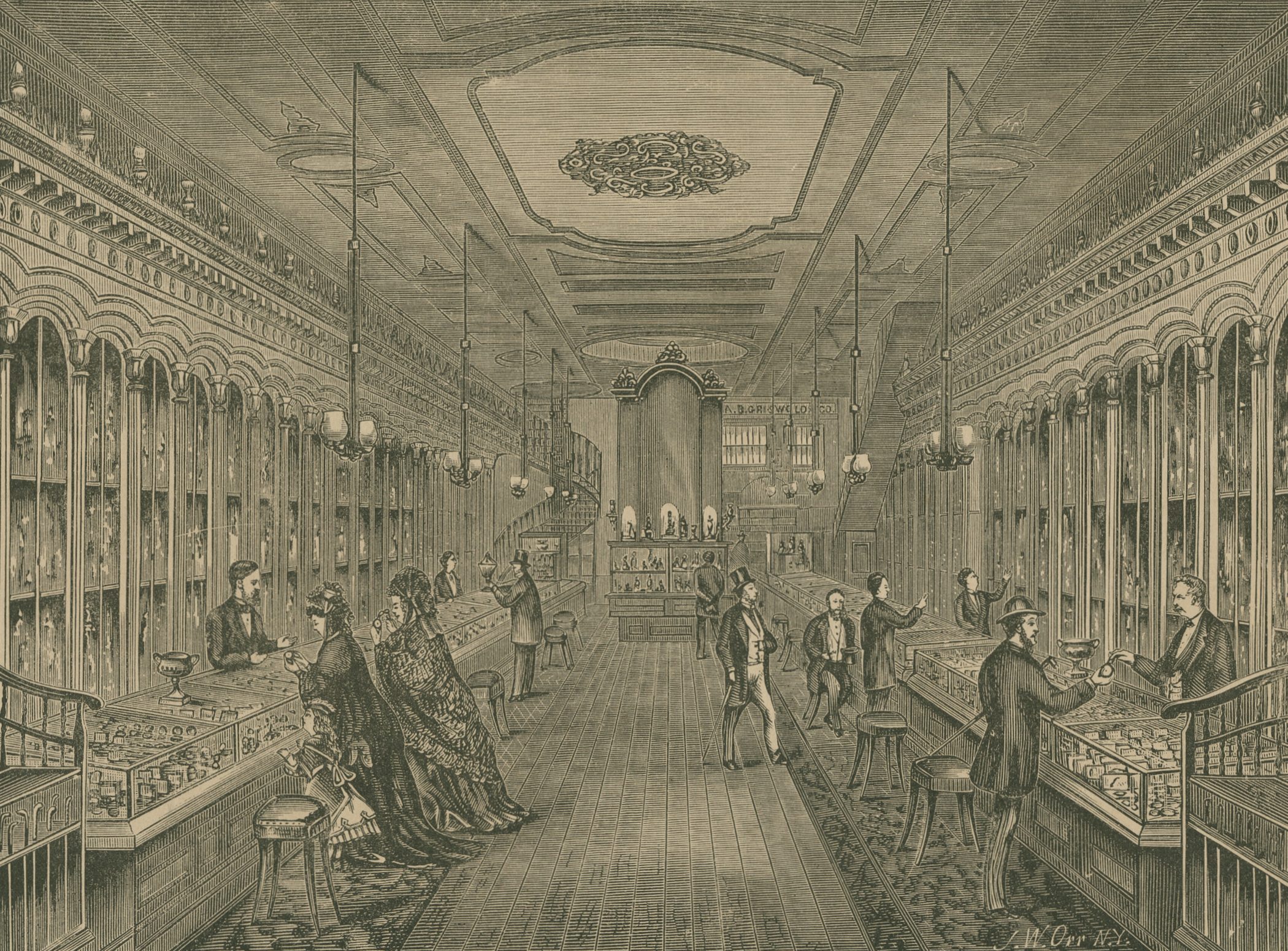 A vintage illustration of a 19th-century pharmacy interior. The room is filled with shelves of bottles. Several people, including pharmacists and customers, are engaged in transactions and conversations. The ceiling is ornately decorated.