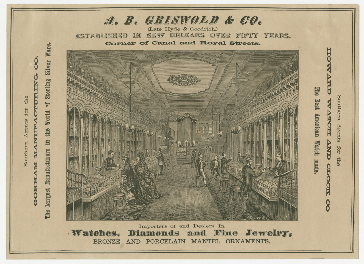 A vintage advertisement for A.B. Griswold & Co. featuring a detailed illustration of the interior of their jewelry store. Text highlights services such as selling watches, diamonds, and fine jewelry, and includes agents information at the sides.