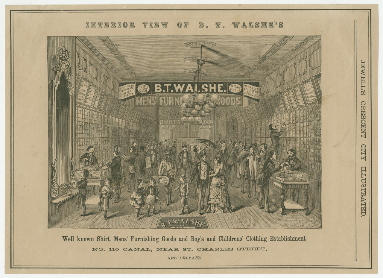 Illustration of a bustling 19th-century clothing store, B.T. Walshes in New Orleans. Customers and staff are visible, surrounded by displays of mens furnishings, shirts, and childrens clothing. Store signage and details are prominent.