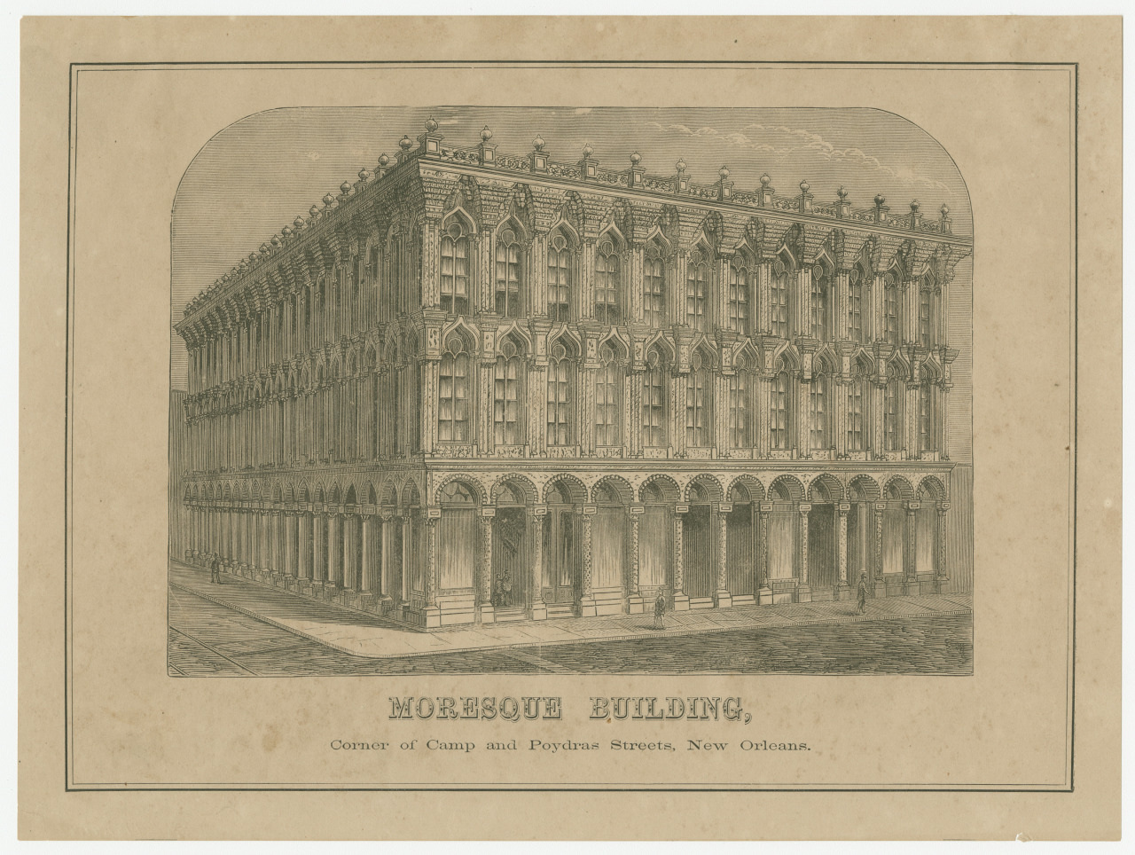 A sepia-toned vintage illustration of the Moresque Building in New Orleans, located at the corner of Camp and Poydras Streets. The architectural design is ornate, showcasing detailed arched windows and columns.