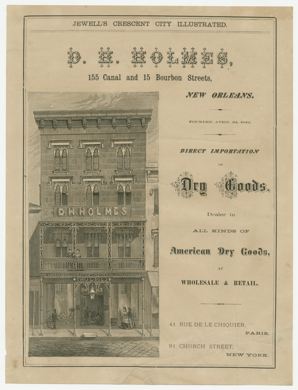 Vintage advertisement for D. H. Holmes dry goods store in New Orleans, featuring an illustration of the storefront at 155 Canal and 15 Bourbon Streets. Text includes store details and other branch addresses in Paris and New York.