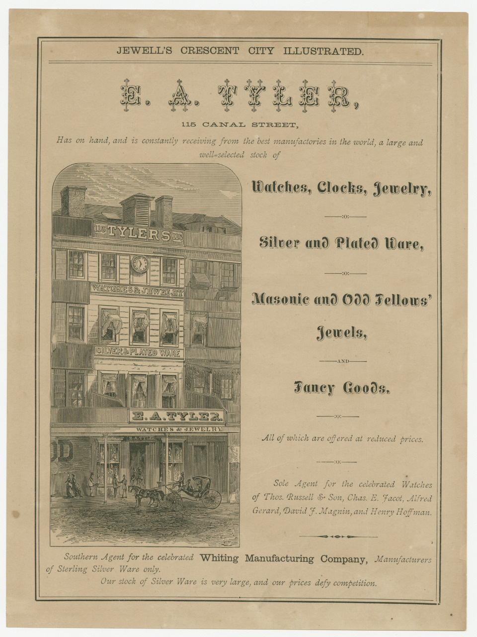 An old advertisement for E.A. Tyler in New Orleans, featuring watches, jewelry, silverware, and Masonic items. The ad includes an illustration of the storefront with people and a horse-drawn cart in front.