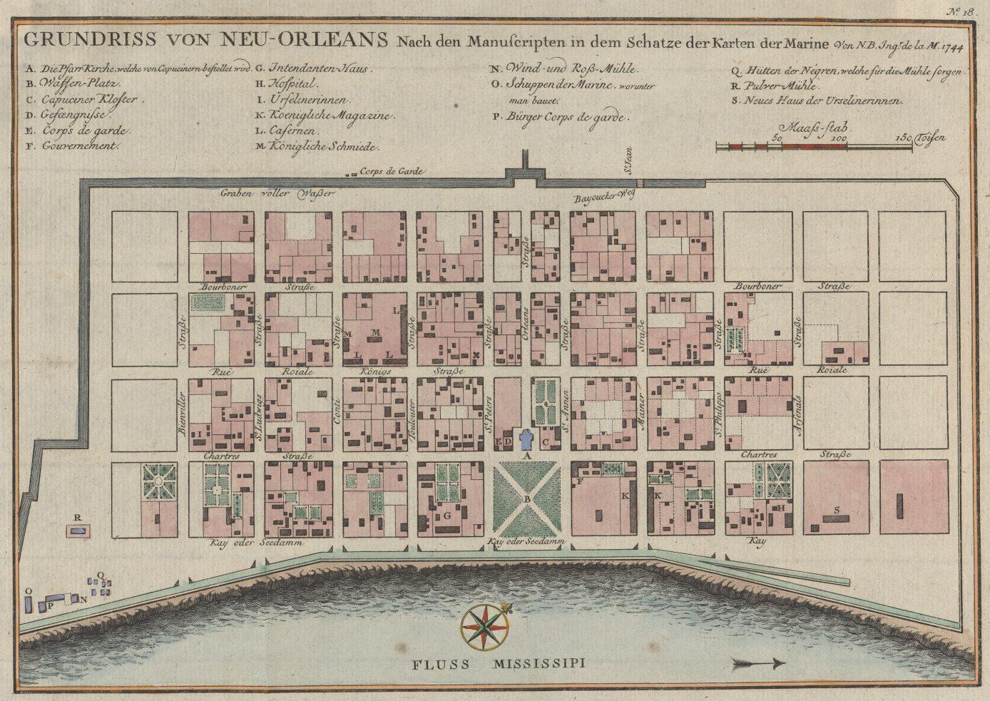 An old map titled Grundriss von Neu-Orleans shows the street layout of New Orleans near the Mississippi River. The map includes numbered and labeled buildings, a legend in German, and distinct blocks with a grid pattern.