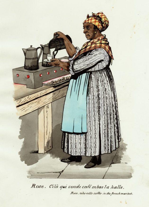 A woman in 19th-century attire pours coffee from a pot into a cup at a wooden table. She wears a patterned dress, apron, and headscarf. A second coffee pot is nearby. The caption reads, Rose, who sells coffee in the French market.