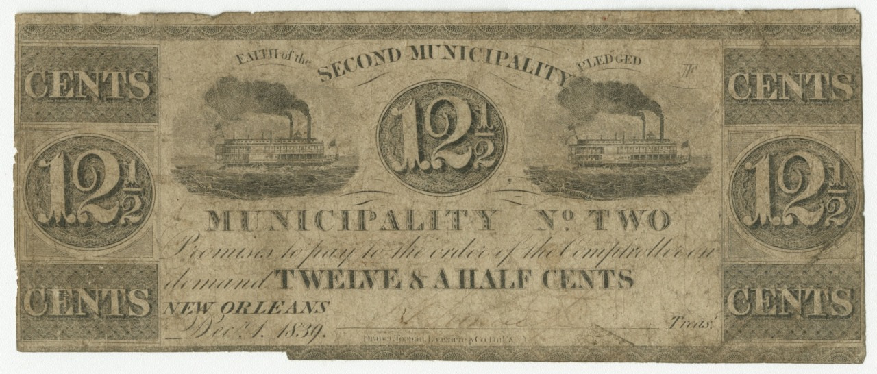 A vintage 12.5 cent currency note from the Second Municipality of New Orleans, featuring two steamboats and ornate designs. The note is dated January 1, 1839.