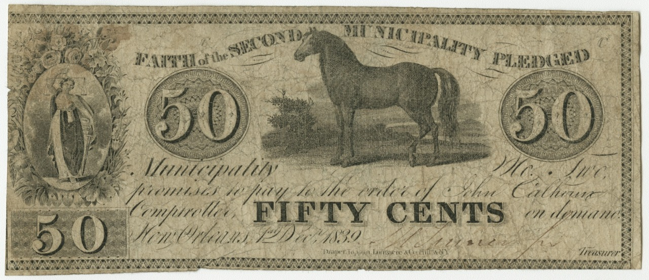 A vintage 50-cent banknote from New Orleans, dated December 1839, decorated with an illustration of a horse at the center and intricate designs around the edges. The text includes the value, date, and issuing municipality.