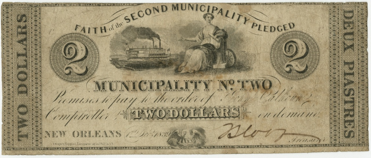 A vintage $2 banknote from the Second Municipality of New Orleans features a woman seated with a shield and a steamship in the background. It includes ornate borders, bilingual text in English and French, and handwritten signatures.