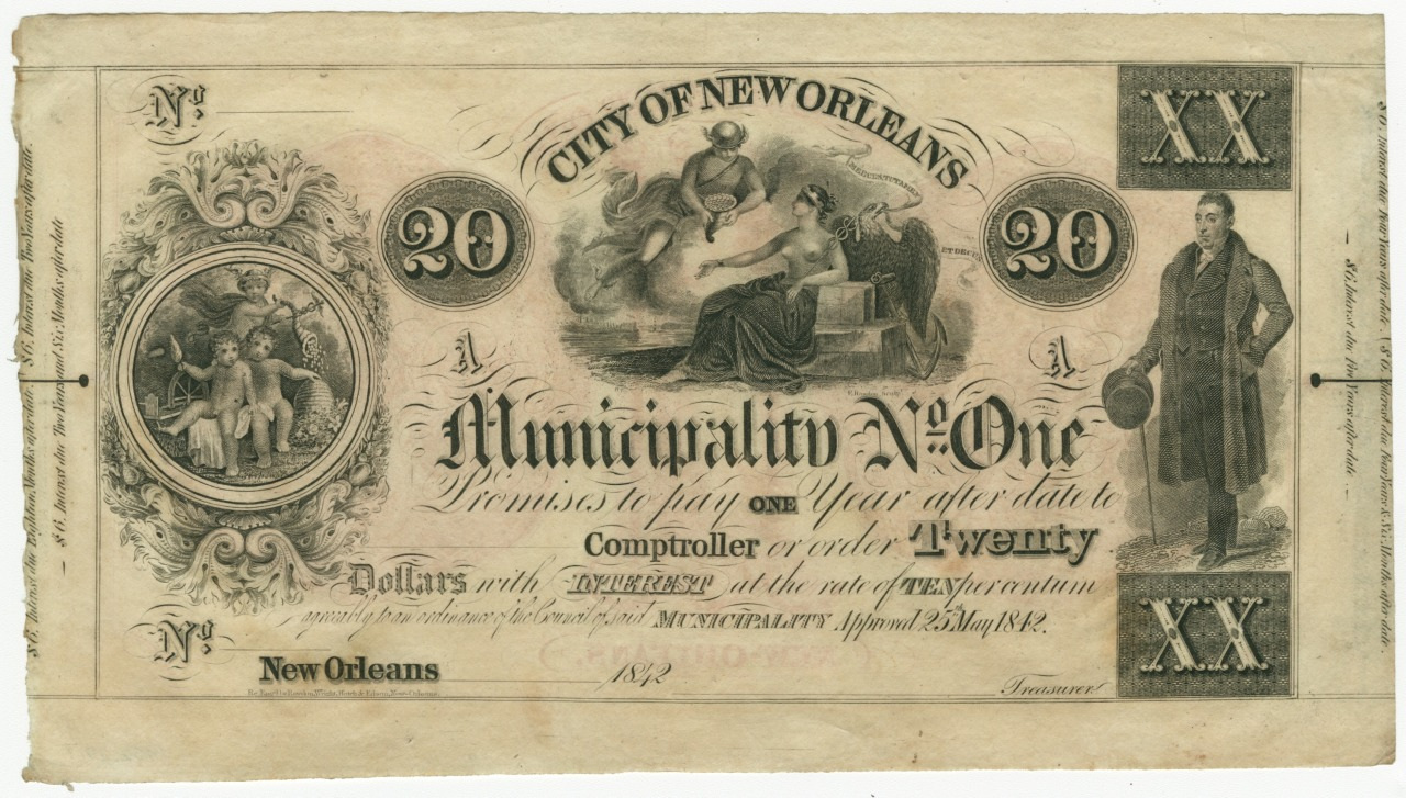 An antique currency note from the City of New Orleans, labeled Municipality No. One. It features ornate illustrations, including a classical scene and a man in 19th-century attire, with the denomination 20 prominently displayed.