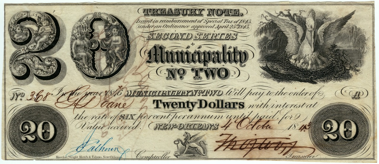 An old U.S. Treasury Note for twenty dollars, dated October 4, 1863. The note features intricate designs, the text Municipality No. Two, and signatures at the bottom. Prominent numbers 20 appear in each corner.