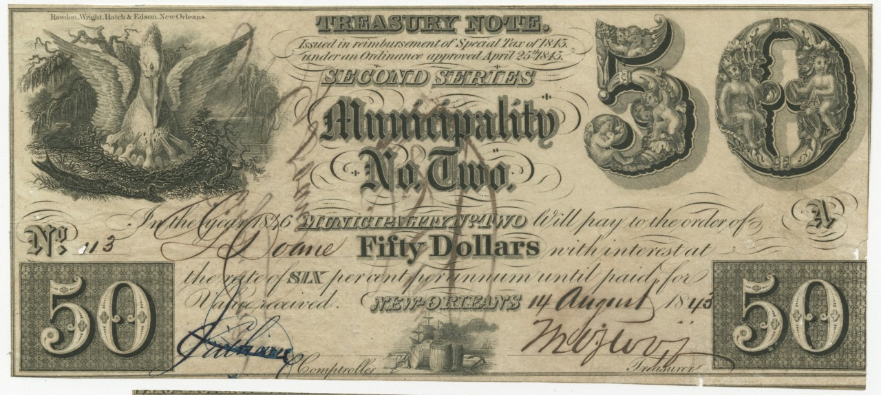 An old $50 treasury note from New Orleans, featuring ornate typography and a detailed illustration of a pelican feeding its young. The note includes signatures and the date August 14, 1878.