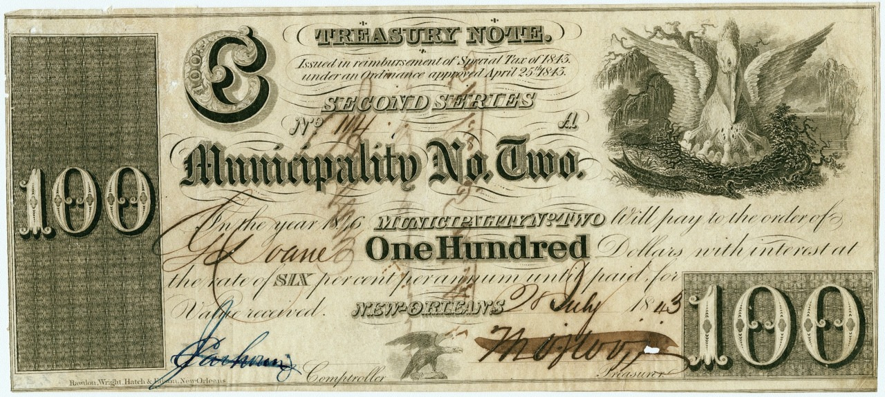 An old currency note from 1875, labeled Municipality No. Two. It features the value One Hundred in ornate script, an eagle illustration, and signatures. The note is styled with intricate designs and formal typography.