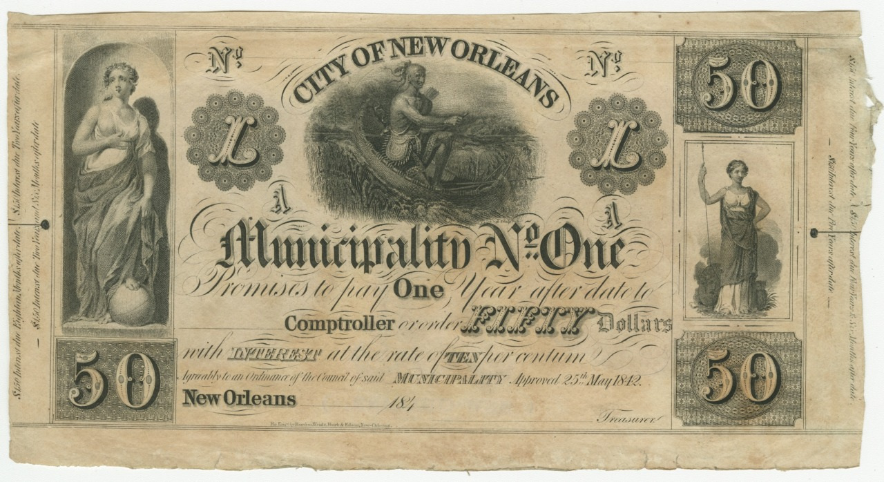 An old New Orleans currency note with the number 50 on each corner. It features illustrations of allegorical figures, including a woman seated on a boat and another standing. Text indicates it is from Municipality No. One and dated May 23, 1837.