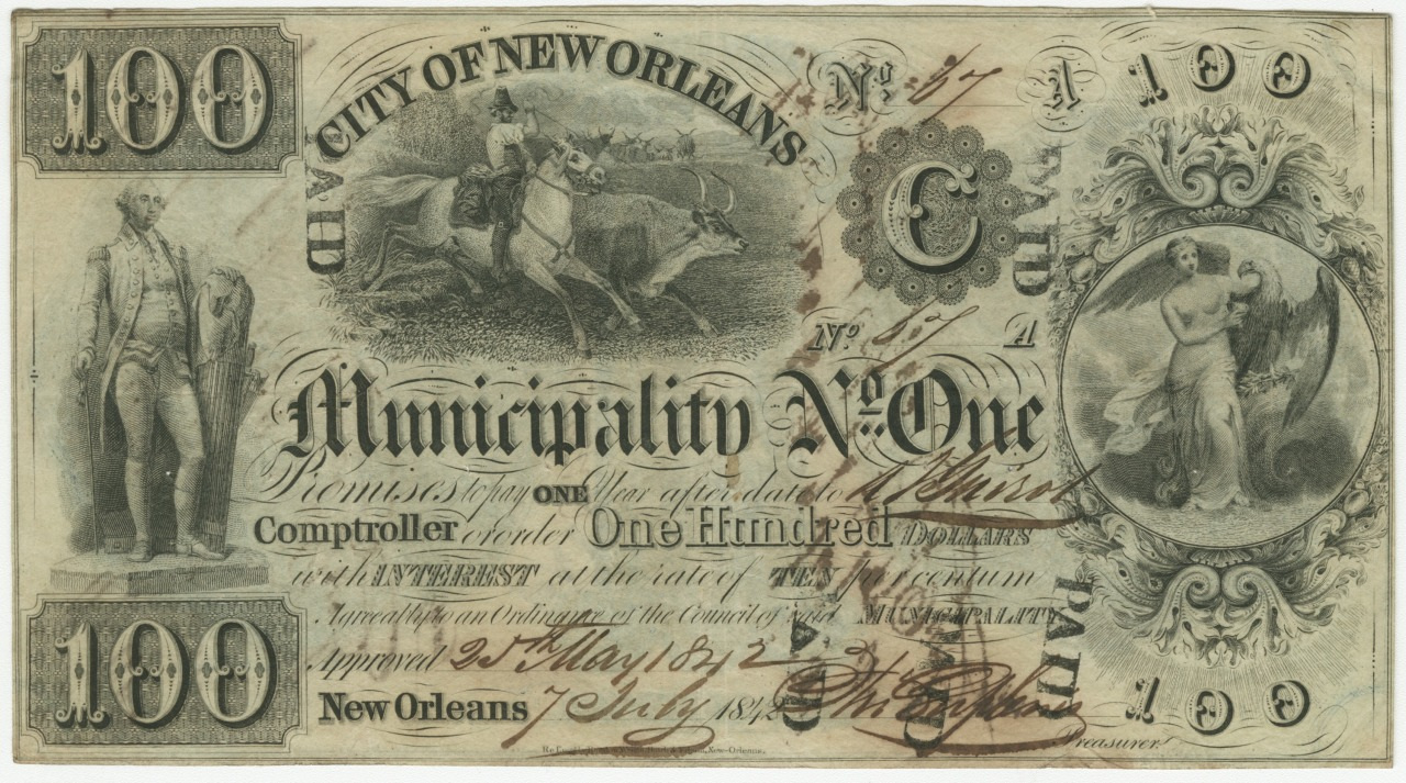 An old 100-dollar note from the City of New Orleans with intricate designs. It features a man on horseback, a standing man on the left, and a woman draped in cloth on the right. The text reads Municipality No. One, New Orleans.
