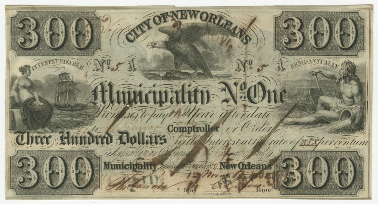 An antique $300 banknote from the city of New Orleans features an eagle, a ship, and an allegorical figure. The text includes Municipality No. One and Three Hundred Dollars. The design is ornate, with detailed engravings and signatures.