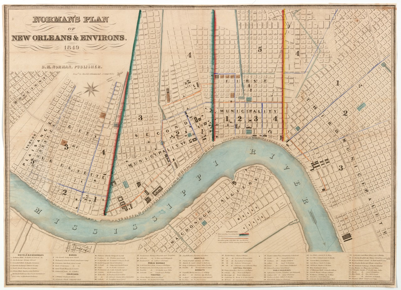 Antique map titled Normans Plan of New Orleans & Environs 1849, showcasing streets, landmarks, and municipal boundaries along the Mississippi River. The detailed layout includes numbered sections and parish lines in various colors.