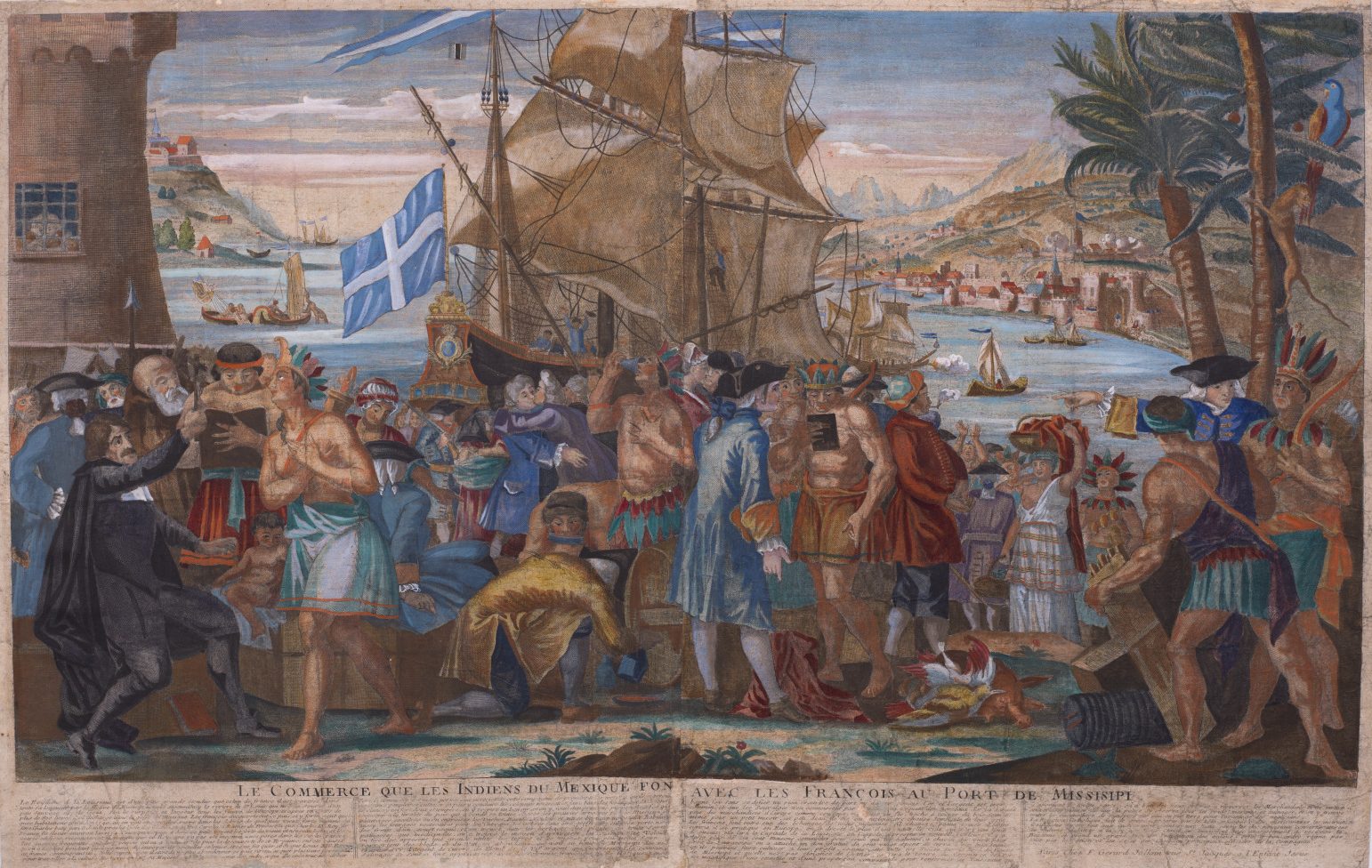 A historical painting depicting a bustling scene of trade between Europeans and Indigenous people by a port. A large ship with a blue and white flag is in the background, along with various goods and people in traditional attire.