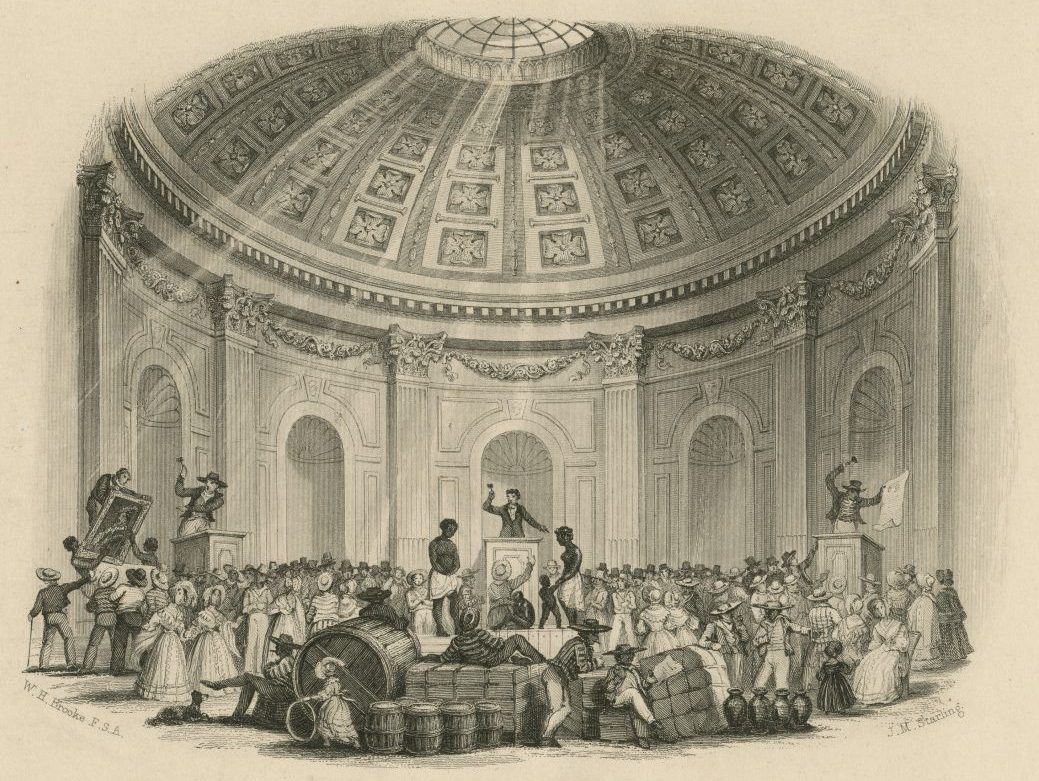 An engraving of a slave auction taking place in the French Quarter.