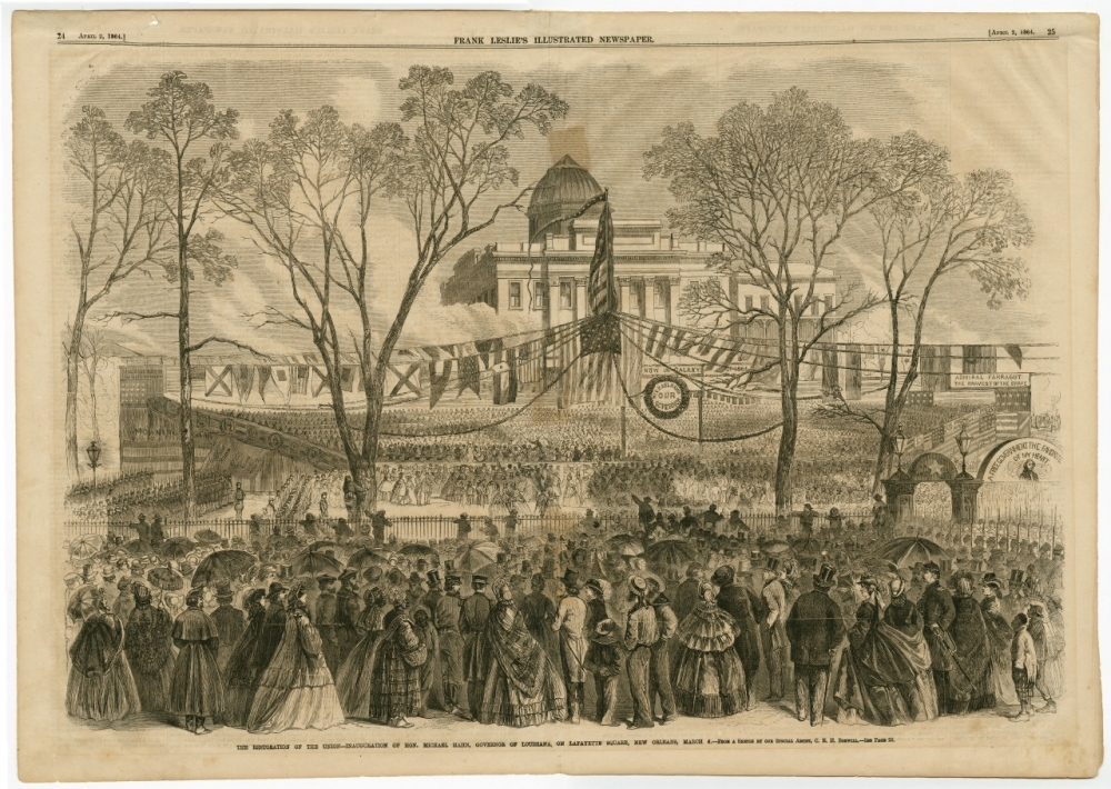 A historical print depicts a large crowd gathered for a building dedication ceremony, surrounded by trees and banners. People in 19th-century attire stand at the forefront, while a partially constructed structure is in the background.