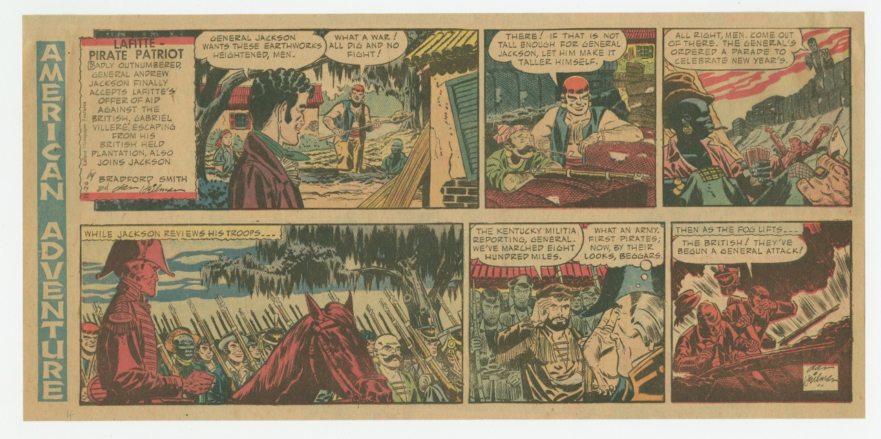A vintage comic strip titled American Adventure features illustrations of pirate and military scenes, dialogue about General Jackson and troop strategies, and ends with a battle alert. The art style is colorful with detailed period costumes and settings.