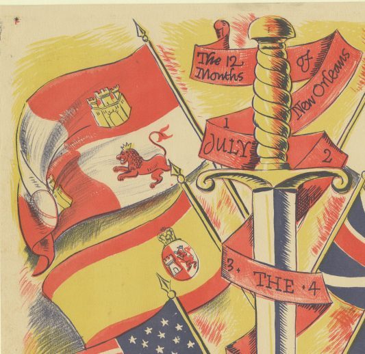 Illustration featuring flags from different countries, a sword with a banner reading The 12 Months of New Orleans, and dates July 1-4. The design includes colors like red, yellow, and blue with symbolic elements.