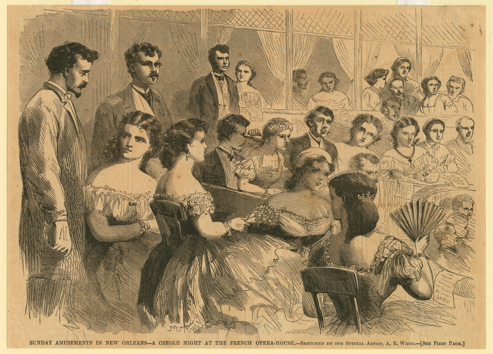 A group of elegantly dressed women and men sit in a theater, some conversing and others watching. The setting is lively, with detailed 19th-century attire. Text at the bottom identifies the scene as a Sunday event at a French opera house in New Orleans.