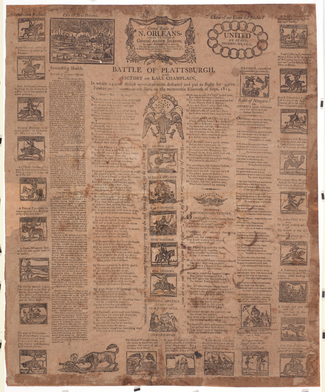A historical newspaper page featuring illustrations, columns of text, and headlines about the Battle of Plattsburgh and the War of 1812. Decorative borders and sketches add to the vintage aesthetic of the document.