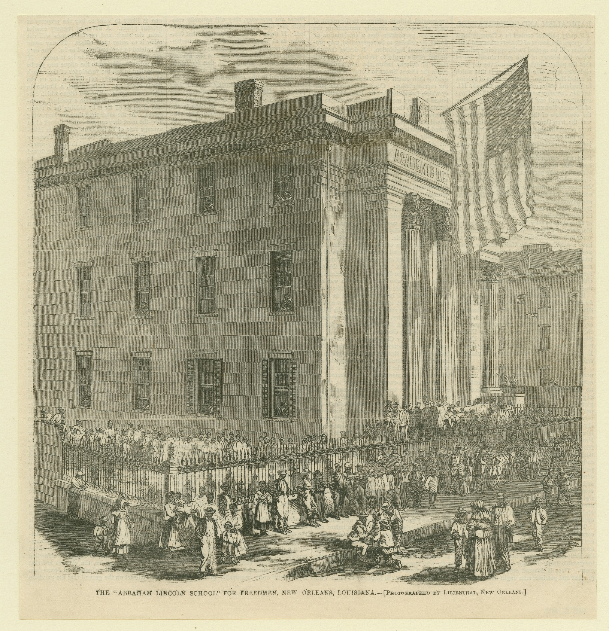 A historical illustration depicts the Abraham Lincoln School for Freedmen in New Orleans. A large group of people gathers outside the building, which features tall columns and an American flag waving above. The scene is lively and bustling.