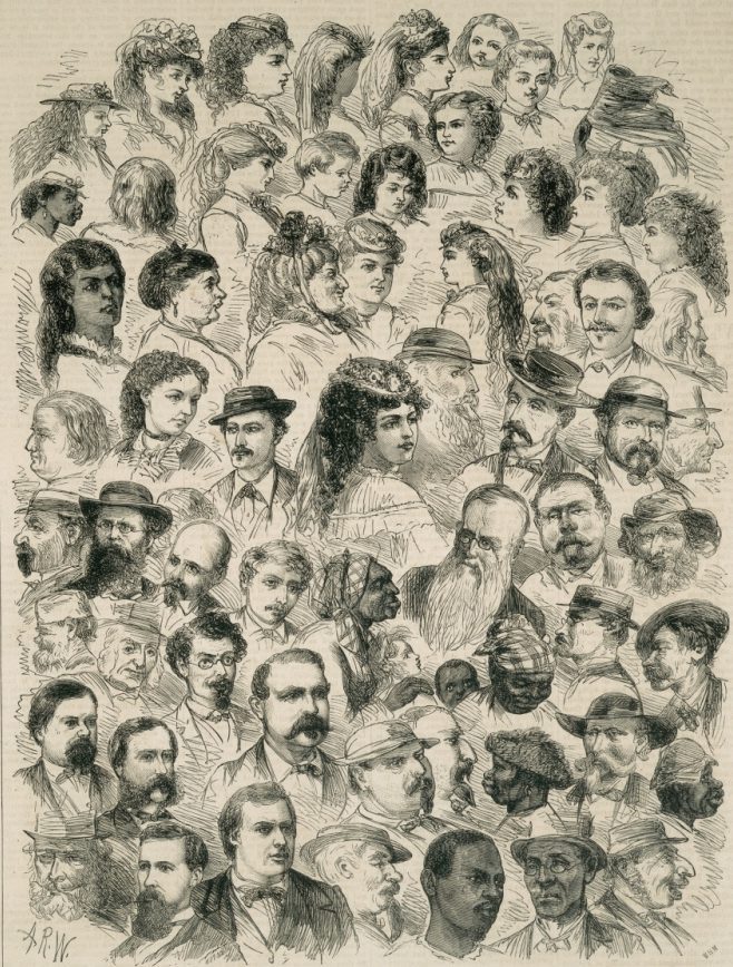 A detailed black and white illustration featuring numerous heads of men and women drawn in various angles and expressions. Most figures are wearing period fashion from the 19th century, showcasing diverse hairstyles, hats, and facial hair.