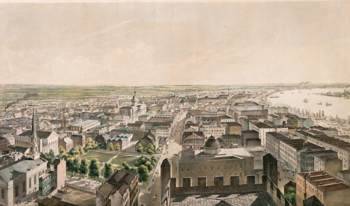 A panoramic view of 19th-century New Orleans, showcasing a bustling cityscape with numerous buildings, streets, and a distant view of the Mississippi River filled with ships. The city is depicted under a clear sky.