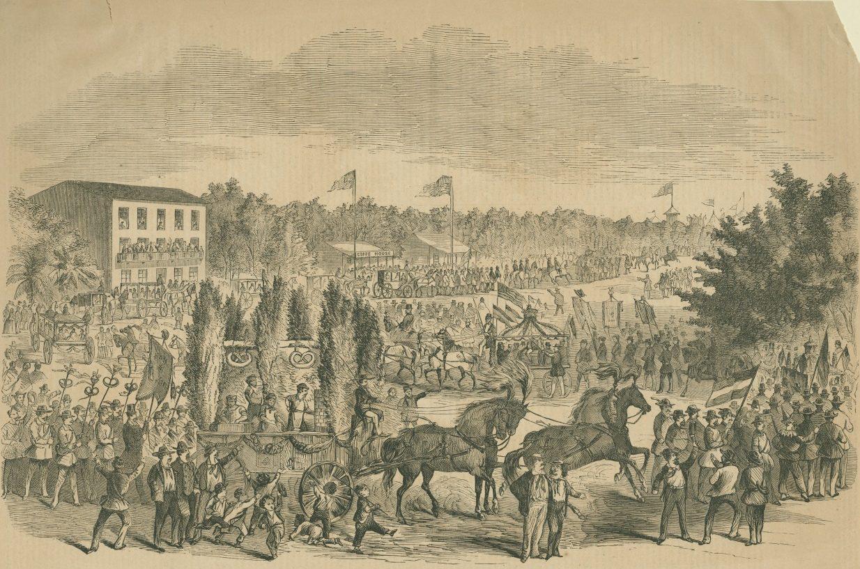 A historical illustration depicting a grand parade with people marching and horse-drawn carriages. The scene is set on a wide street lined with onlookers and banners, with a large crowd gathered around watching the procession.