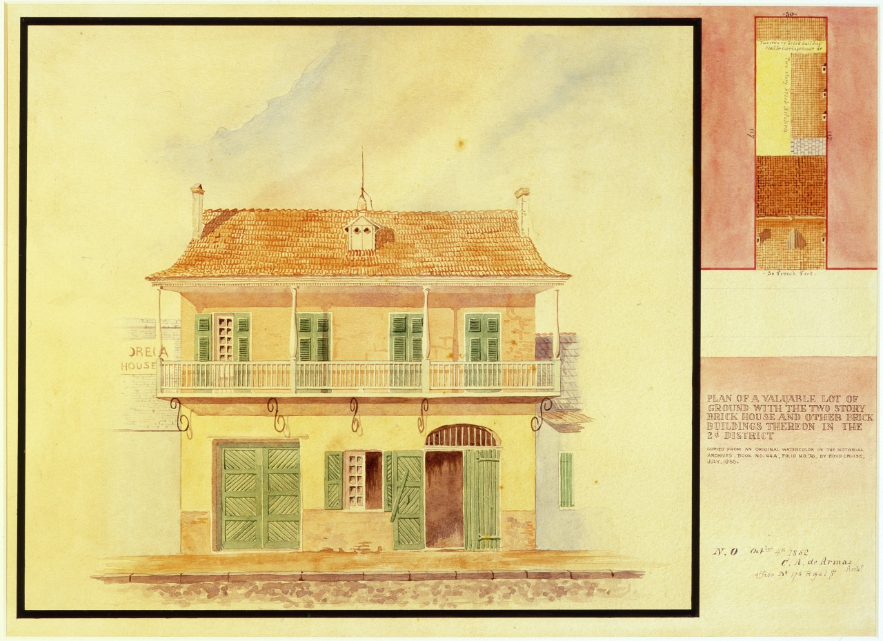 A watercolor architectural drawing of a two-story building with green shutters and a balcony. The roof is red, and theres a detailed floor plan and elevation view in the top right corner. The building is labeled Orleans House.
